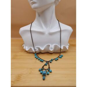 Vintage Acrylic Turquoise, Brass Colored Beaded Victorian Style Bib Necklace